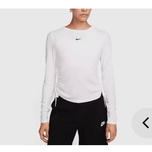 NEW $52 Nike size L Top Ribbed Ruched Sides Long Sleeve White FB717 Q25 - Picture 1 of 4